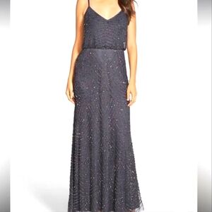 ADRIANNA PAPELL Beaded Blouson Sleeveless Gunmetal Tank Formal Gown Long Dress